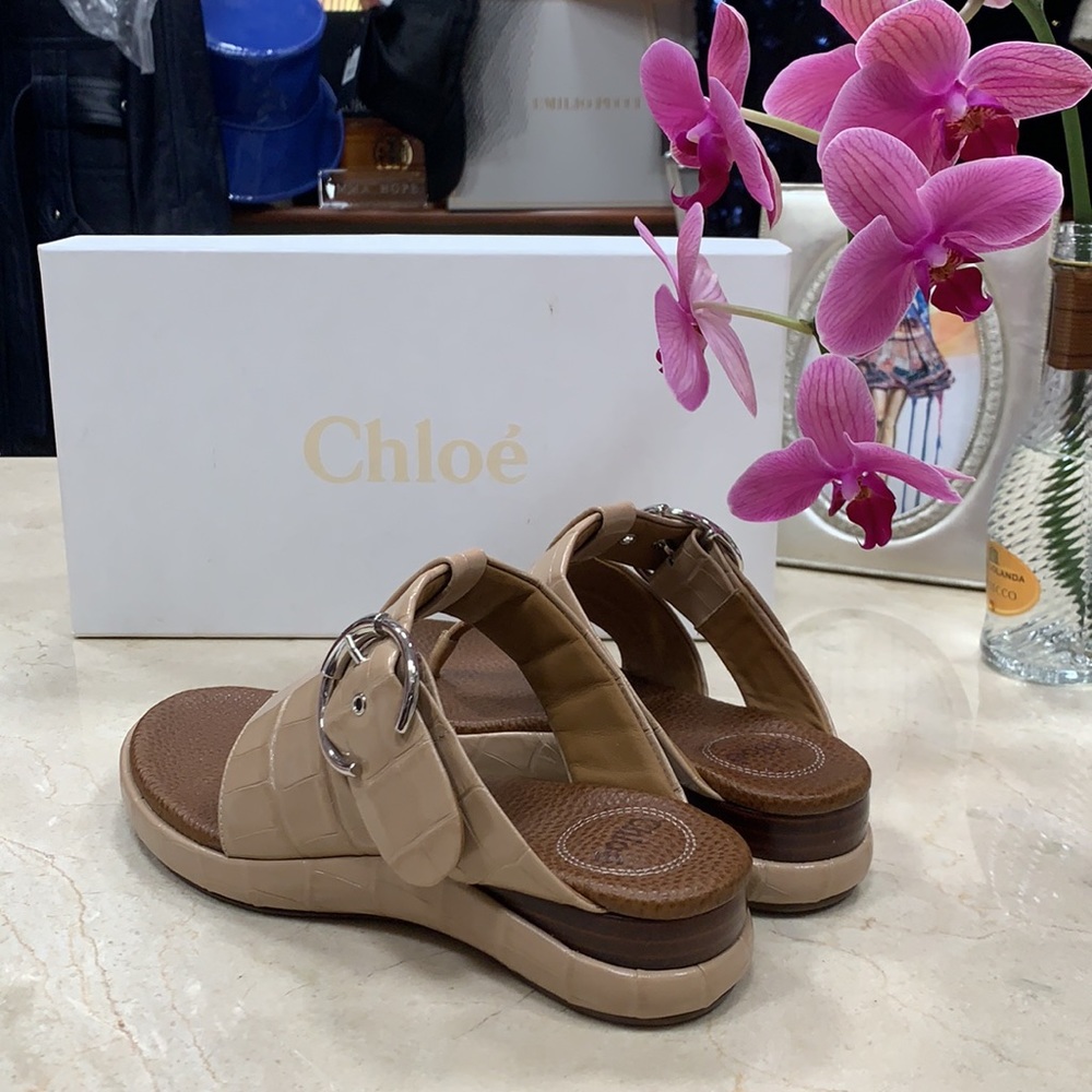 CHLOE LEATHER EMBOSSED NOUGAT COLOR BIRKENSTOCK DESIGN LUXURY SANDALS EU 38 - Picture 7 of 12